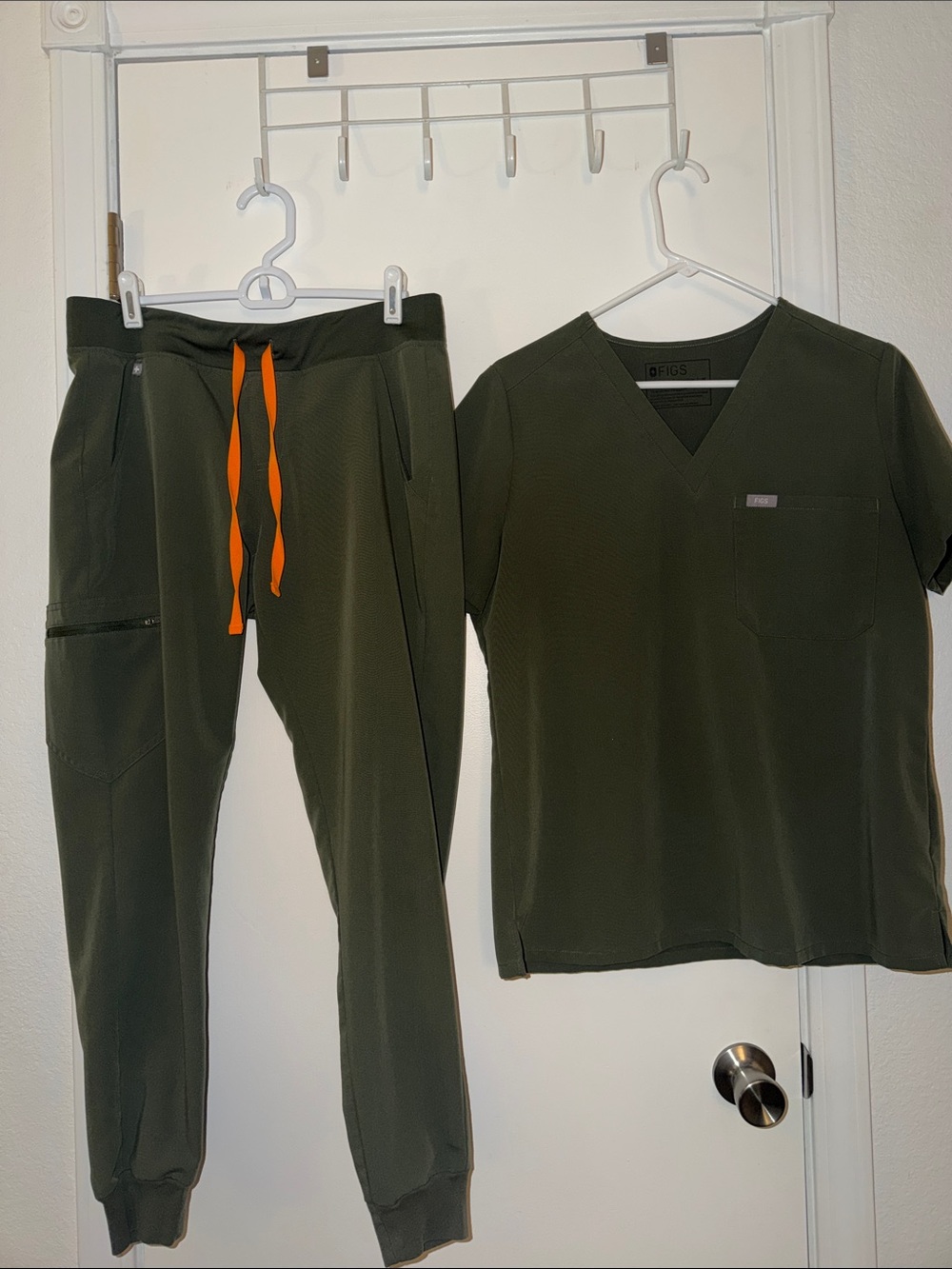 Figs Moss Scrub Top and Jogger Set with Orange Drawstring